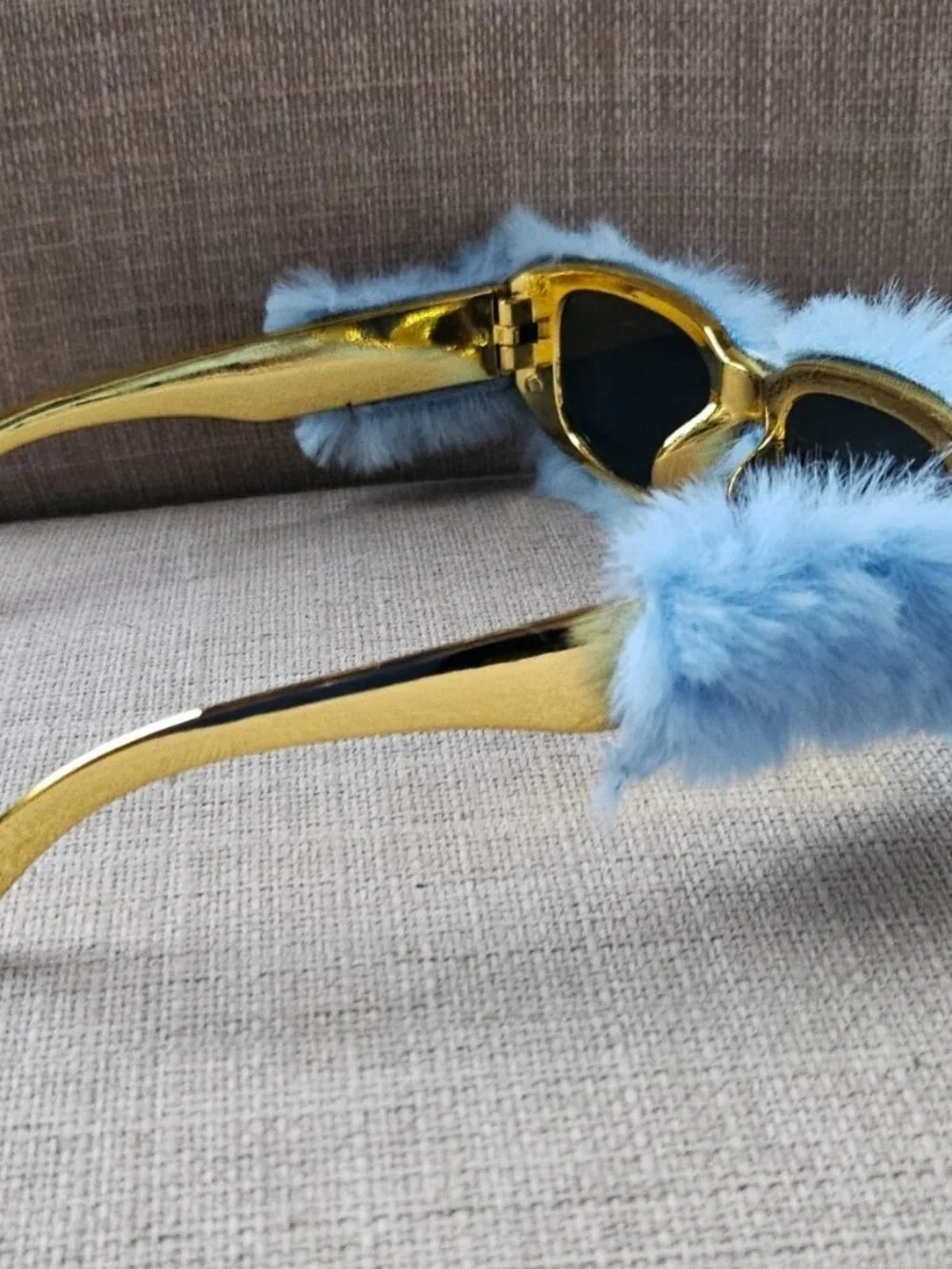 Women Sunglasses Blue Fuzzy Faux Furry Plush Gold Tone Temple Funky Eyewear